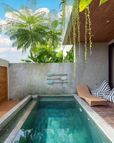 Private plunge pool surrounded by tropical plants and modern wood-accented walls